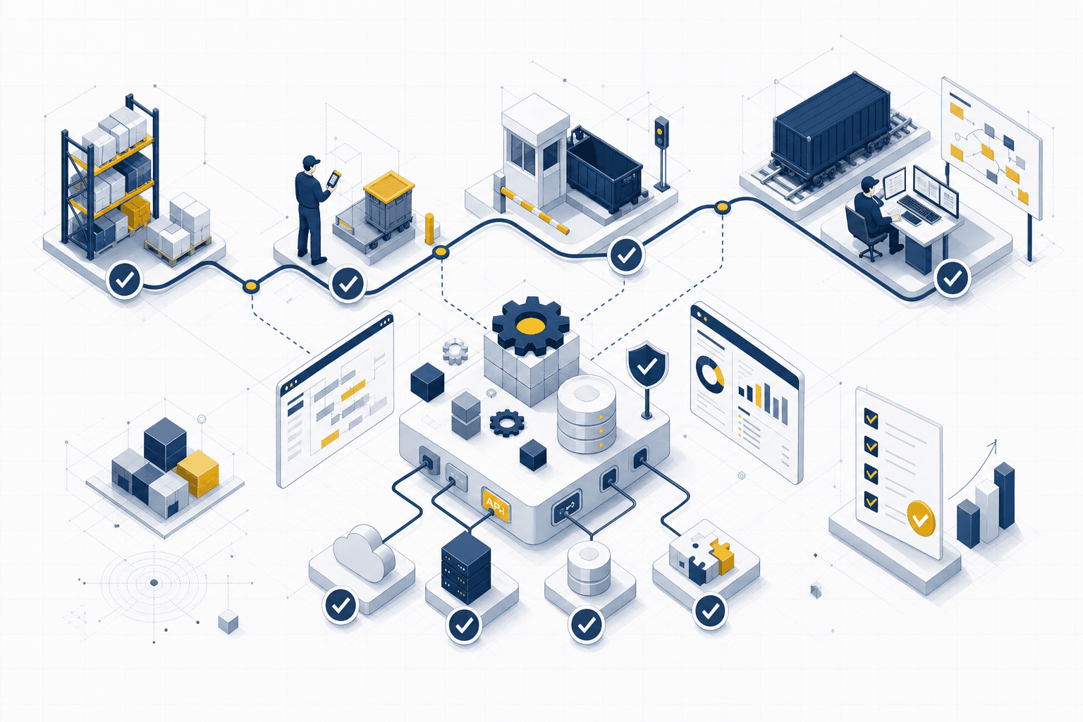 Illustration eines operativen Prozesspfads, der mit Softwarearchitektur, Schnittstellen und Qualitätsnachweisen verbunden ist