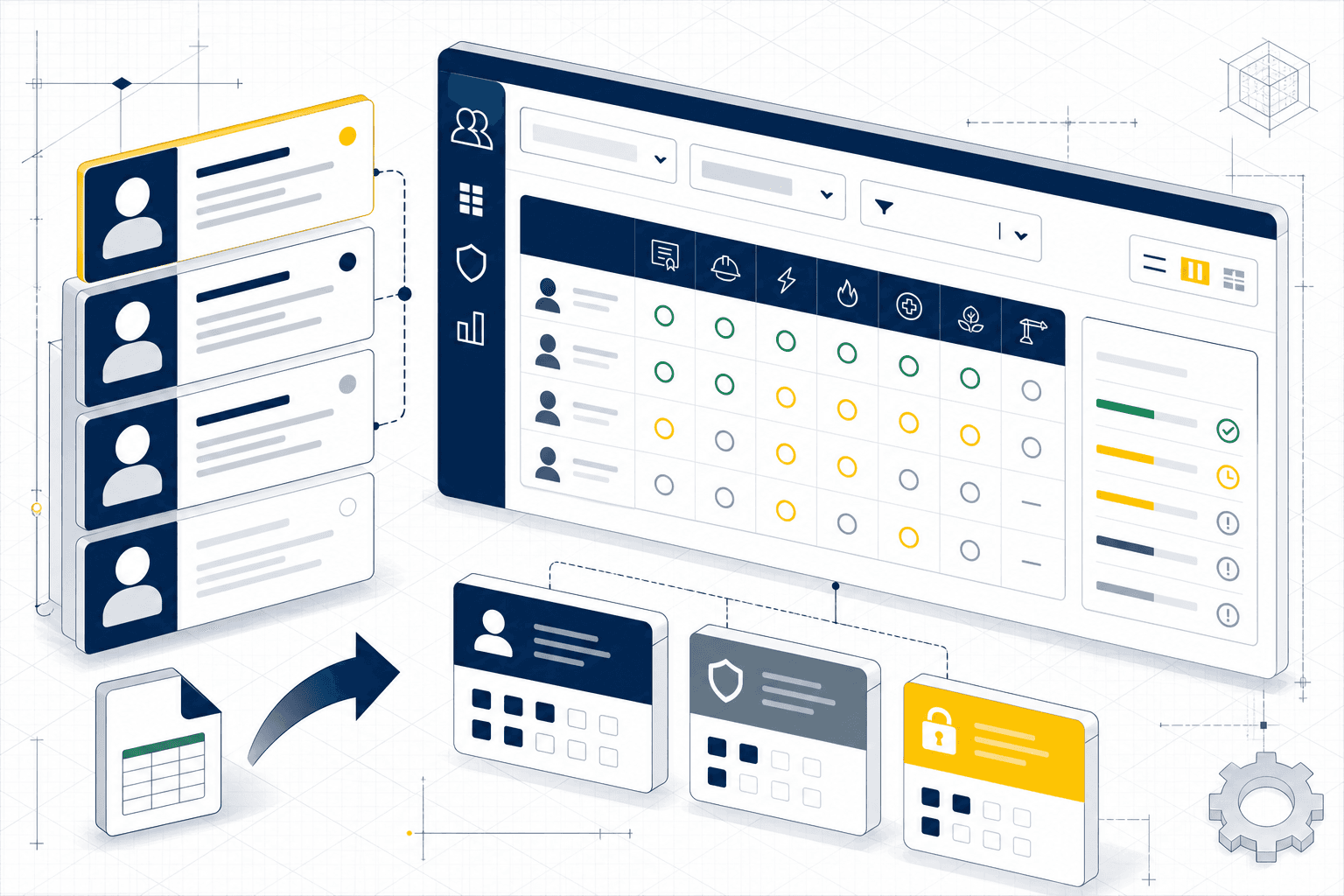 Illustration einer Mitarbeiter- und Qualifikationsmatrix mit Rollen und Gültigkeitsstatus