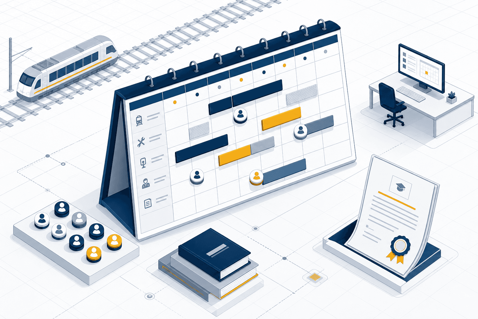 Illustration einer Schulungsplanung mit Kalender, Teilnehmern, Qualifikationen und Reports