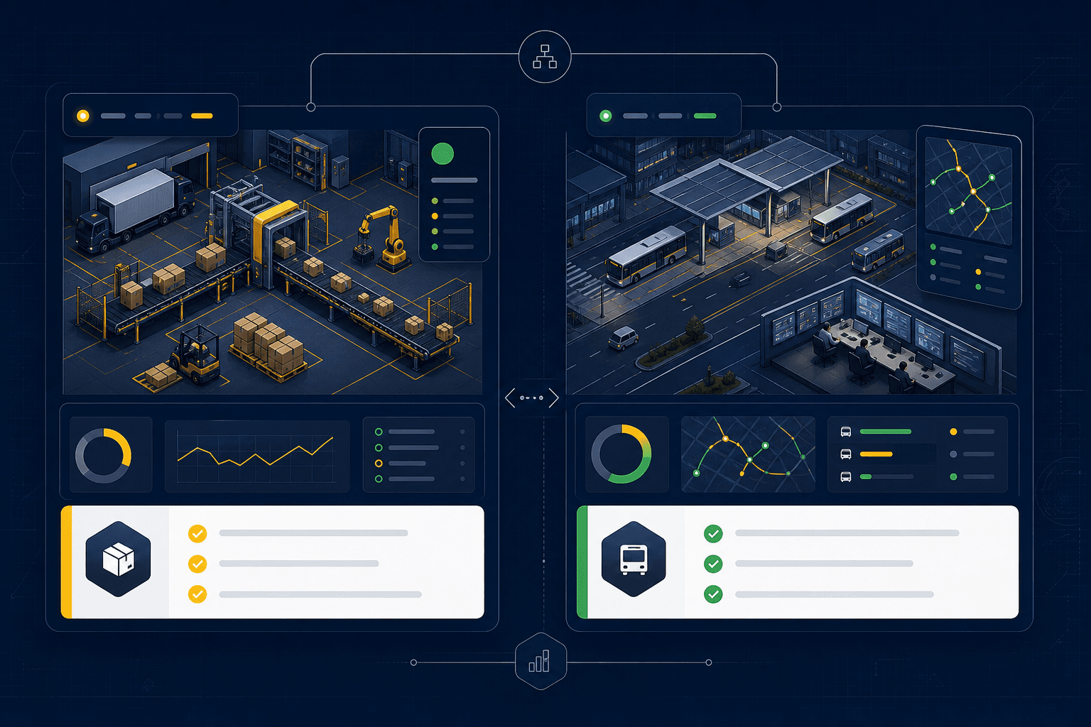 Illustration zweier Praxisbeispiele aus Verpackungslogistik und Personentransport