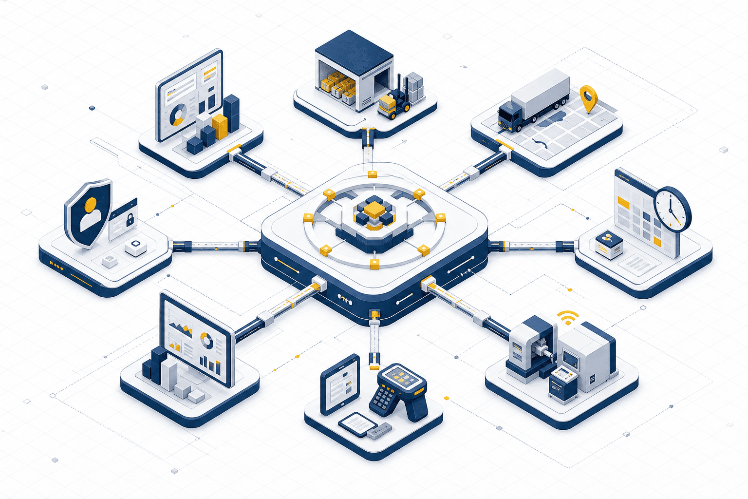 Illustration einer Integrationsplattform mit ERP, Logistik, Mobilgeräten und Reporting