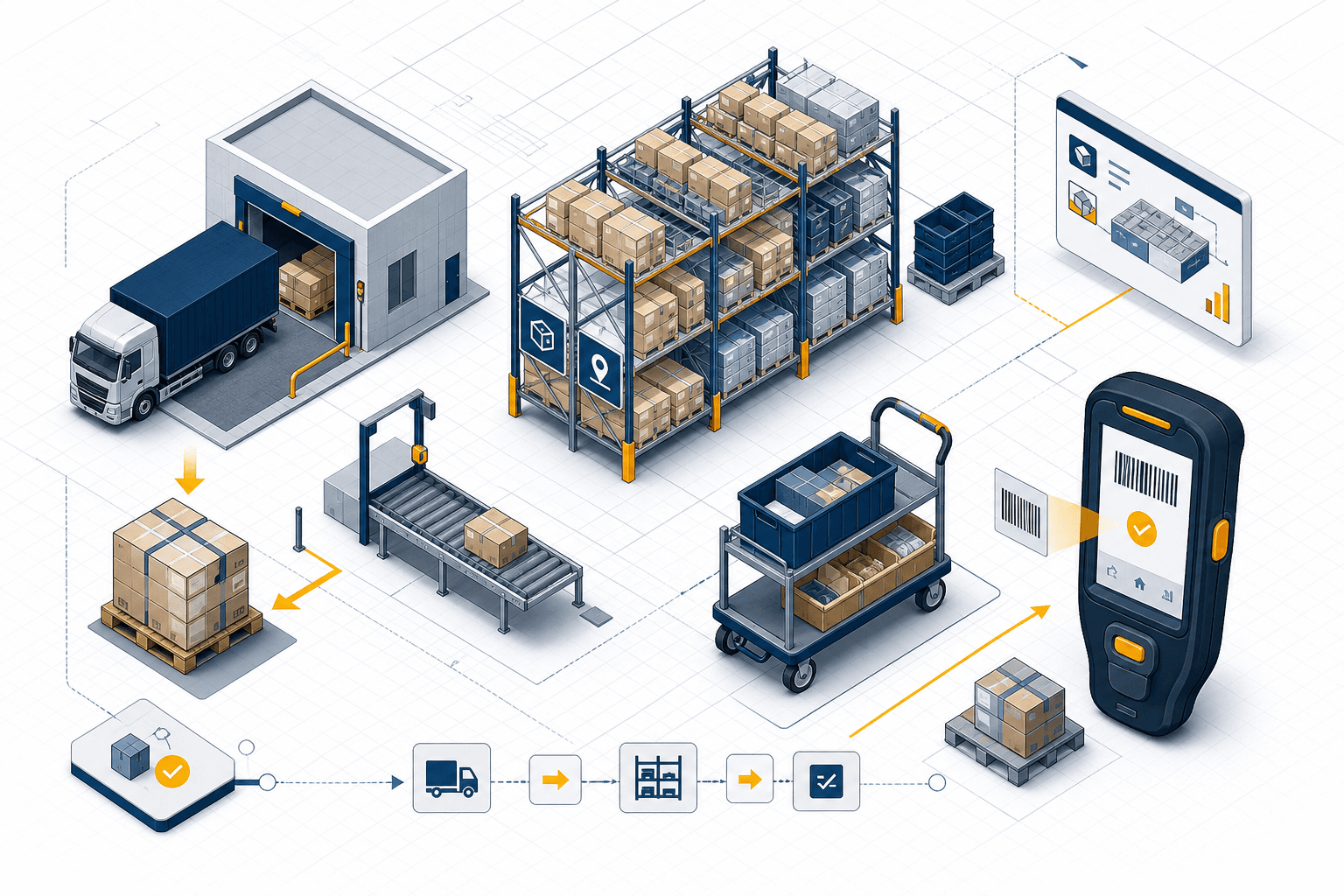 Illustration eines Lagerprozesses mit Wareneingang, Regalen, Kommissionierung und mobilem Scanner