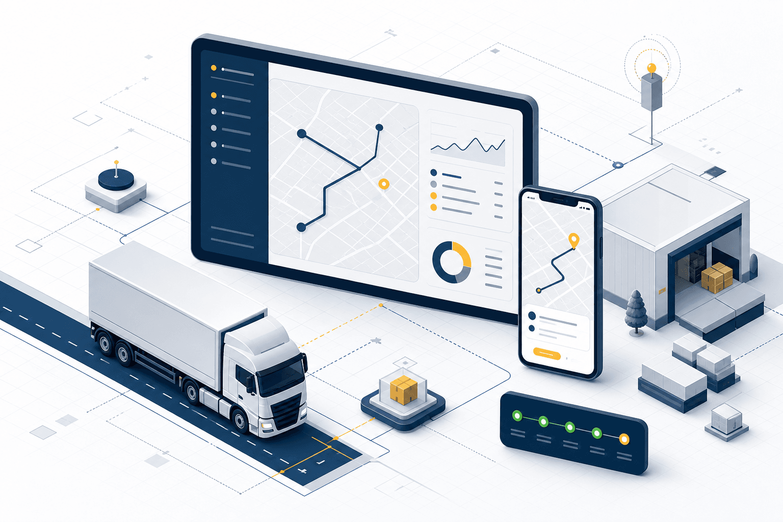 Illustration einer Transportdisposition mit LKW, Tourenkarte und mobiler Fahrer-App
