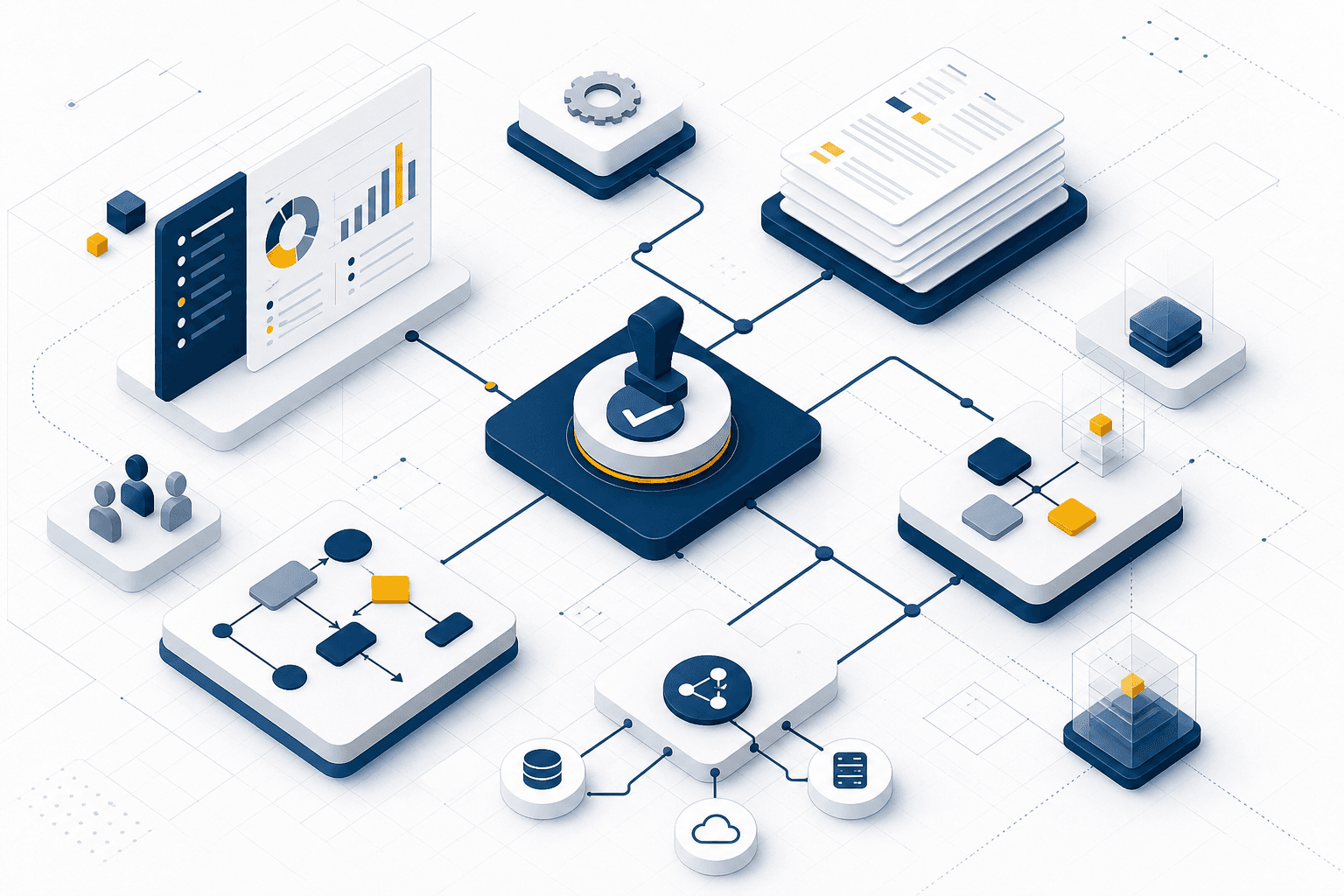 Illustration digitaler Unternehmensprozesse mit Workflows, Freigaben, Dokumenten und Auswertungen