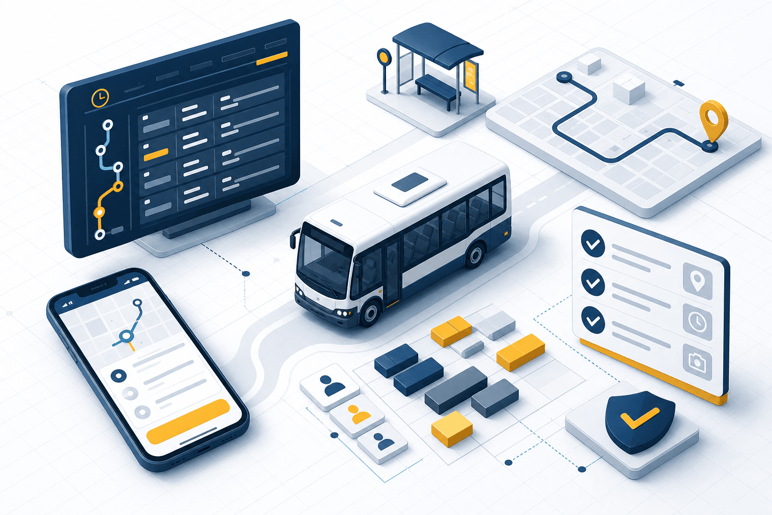 Illustration einer Mobilitätsplanung mit Shuttlebus, Fahrplan, Route und Fahrer-App