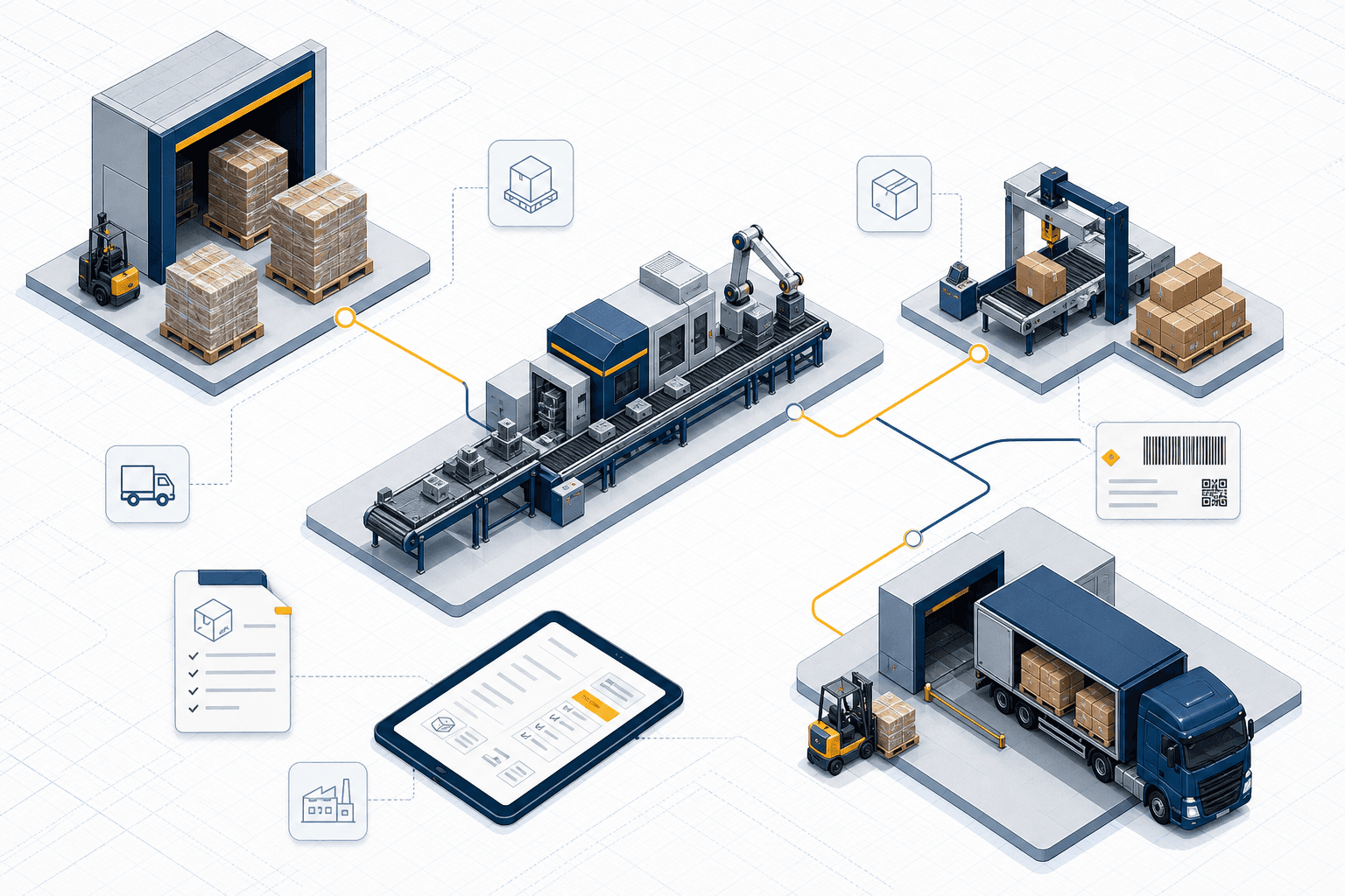 Illustration einer vernetzten Produktions- und Verpackungslogistik mit Förderlinie, Paletten und Abholung